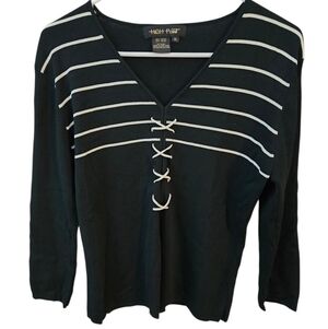 Black and White Striped Women's Top, Criss Cross, Ribbed, XL